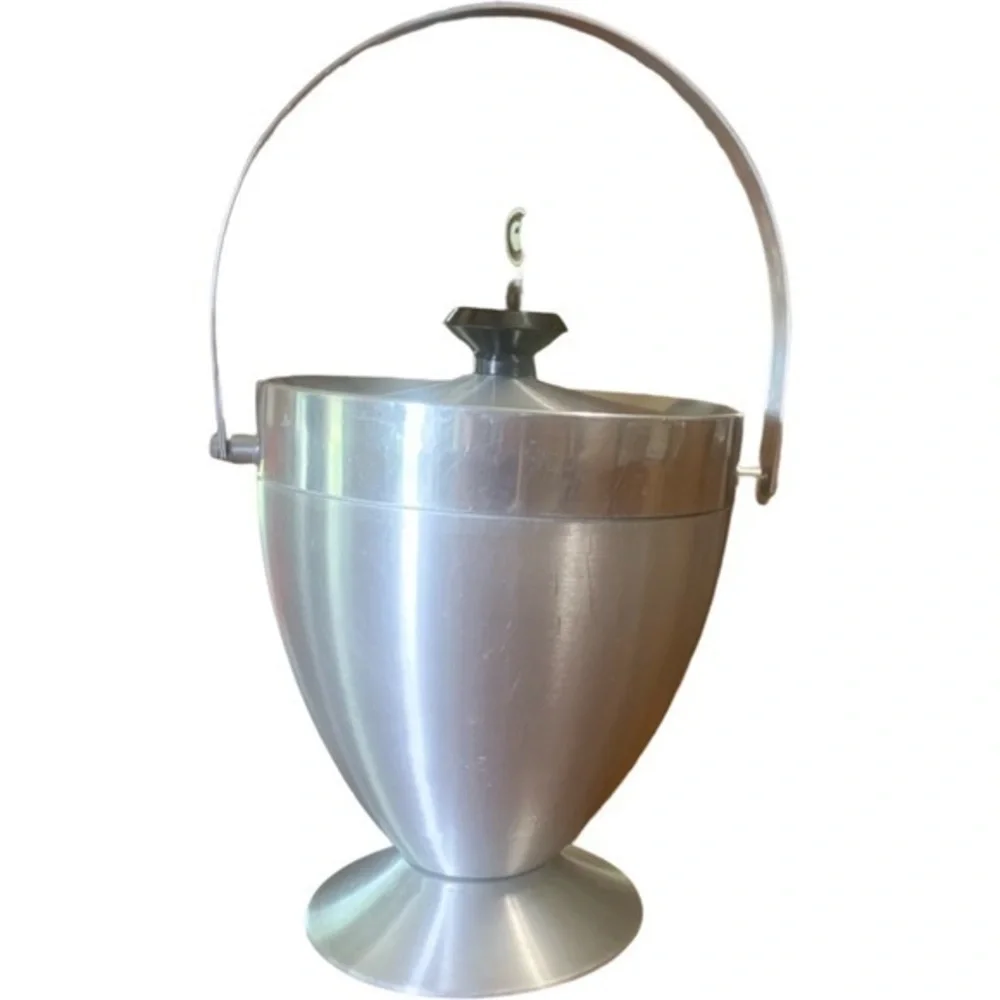 Vintage Mid Century Modern Brushed Stainless Steel Ice Bucket & Strainer